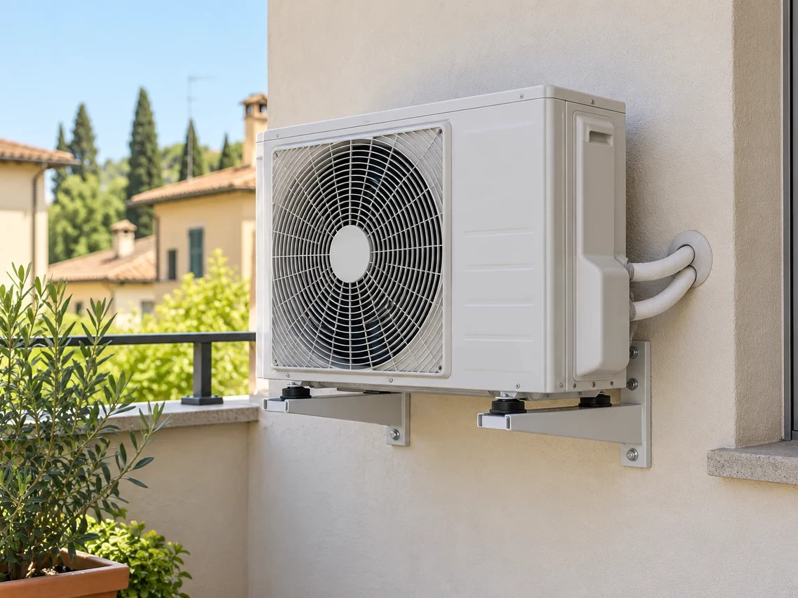 Unità esterna di un climatizzatore fissata alla parete dell’abitazione