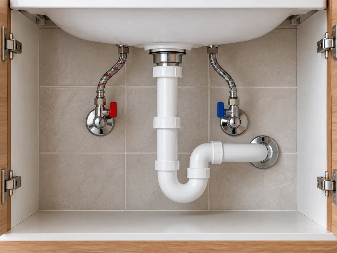 Sifone di scarico e raccordi di acqua calda e fredda nel mobile sotto il lavabo
