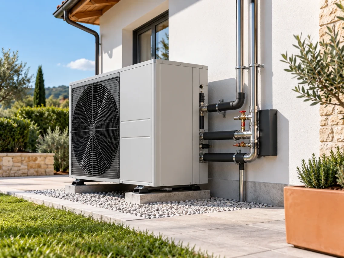 Unità esterna di una pompa di calore installata accanto a un’abitazione