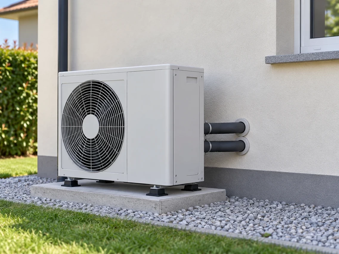 Pompa di calore esterna installata su una base accanto alla parete di casa